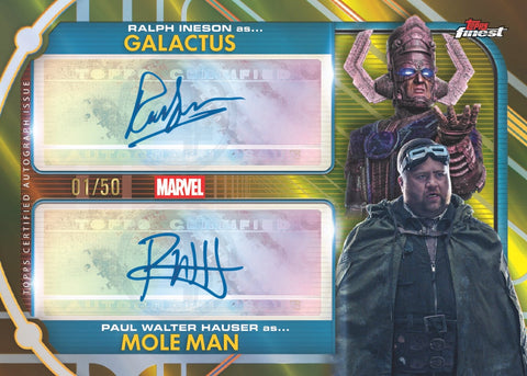 Trading card featuring Ralph Ineson as Galactus and Paul Walter Hauser as Mole Man with autographs and Marvel branding.