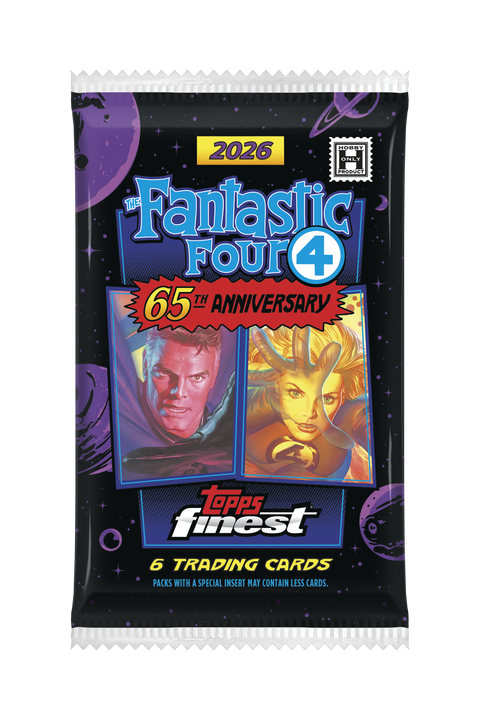 Topps Finest Fantastic Four trading card pack with 65th anniversary design on a white background